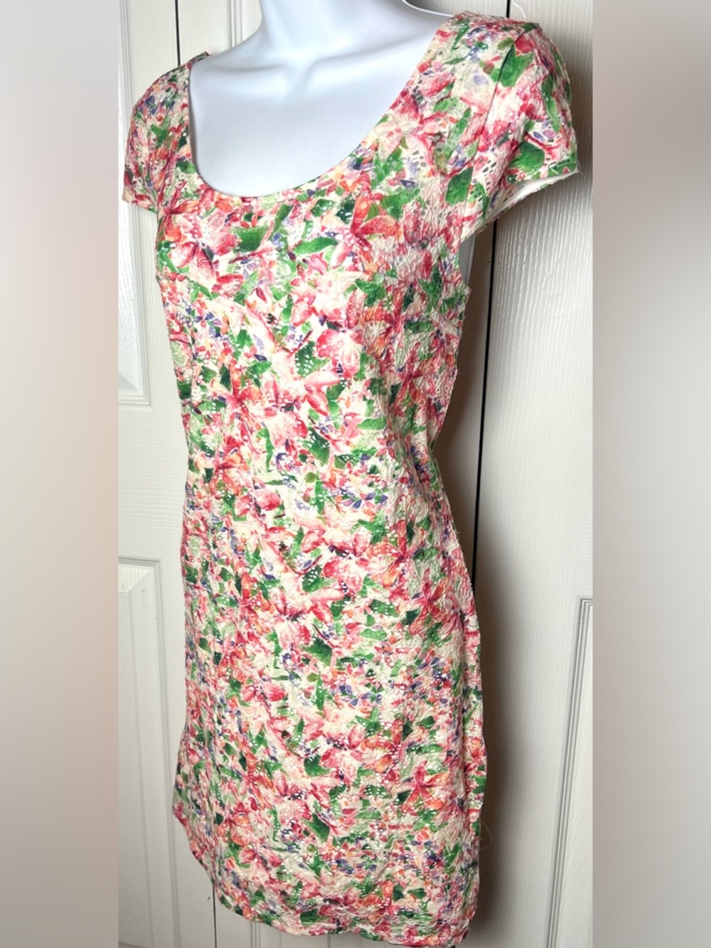FREE PEOPLE Dress Lace Overlay Open Back Cap Sleeves Floral Pink Green Small - Picture 6 of 10